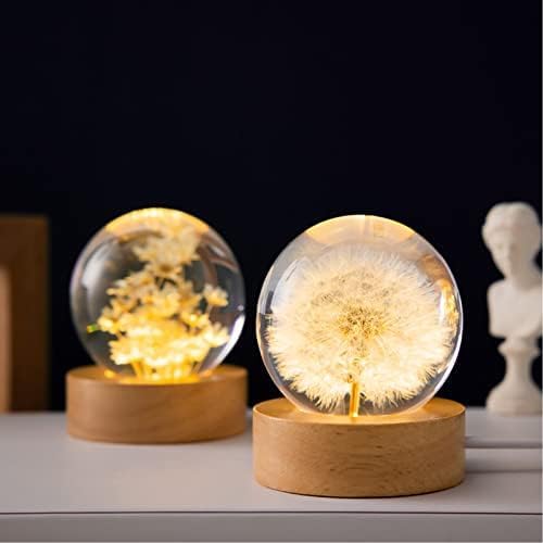 Kristallkugel Nachtlicht LED – Glas Kugellampe mit Holzsockel, Dekorative Blumen Lampe