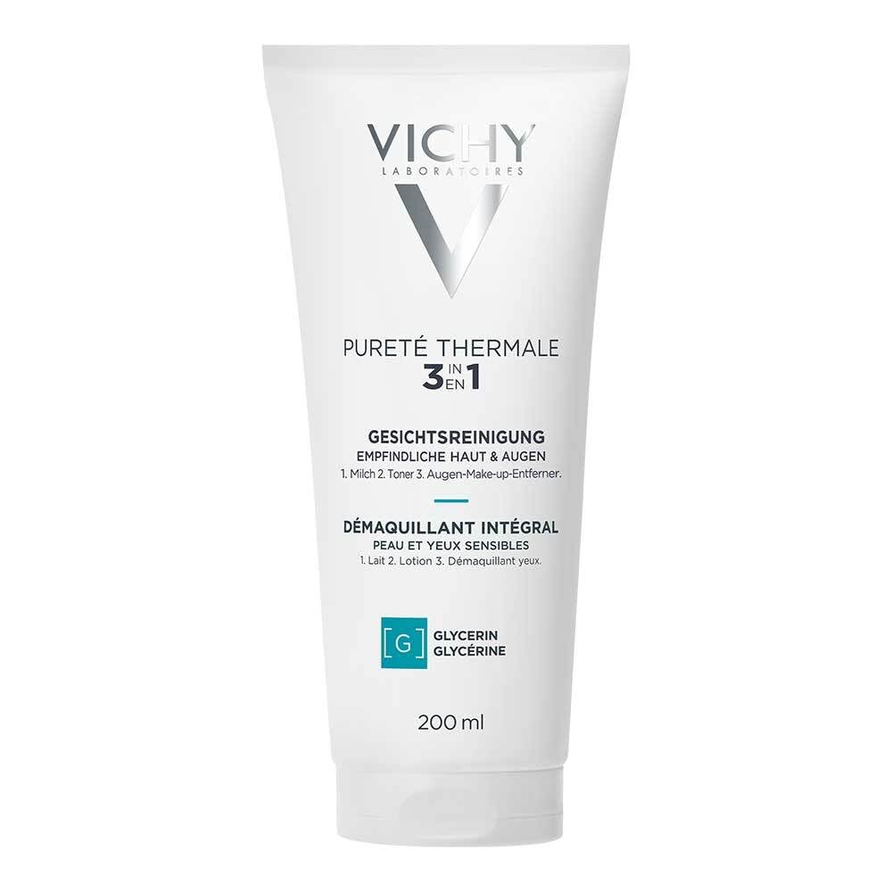 Vichy Pureté Thermale 3 in 1 – Reinigungsmilch, Gesichtswasser & Make-up-Entferner, sanfte Reinigung für empfindliche Haut, 200 ml