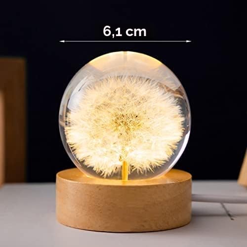 Kristallkugel Nachtlicht LED – Glas Kugellampe mit Holzsockel, Dekorative Blumen Lampe