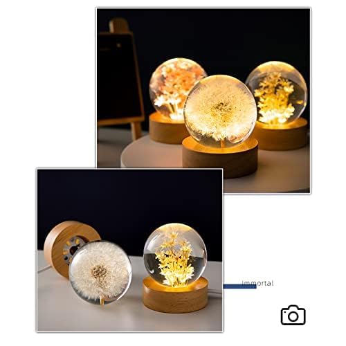 Kristallkugel Nachtlicht LED – Glas Kugellampe mit Holzsockel, Dekorative Blumen Lampe