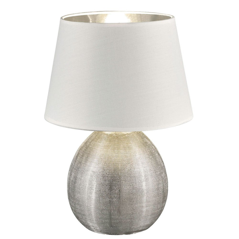 Reality Leuchten Luxor Tischlampe – Keramikfuß Silber, weißer Stoffschirm, E27