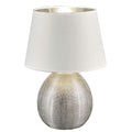 Reality Leuchten Luxor Tischlampe – Keramikfuß Silber, weißer Stoffschirm, E27