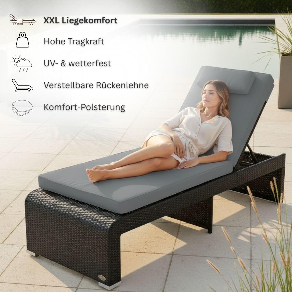 RS Trade XXL Sonnenliege Rattan bis 200 kg – extra hoch, Rollen, wetterfest