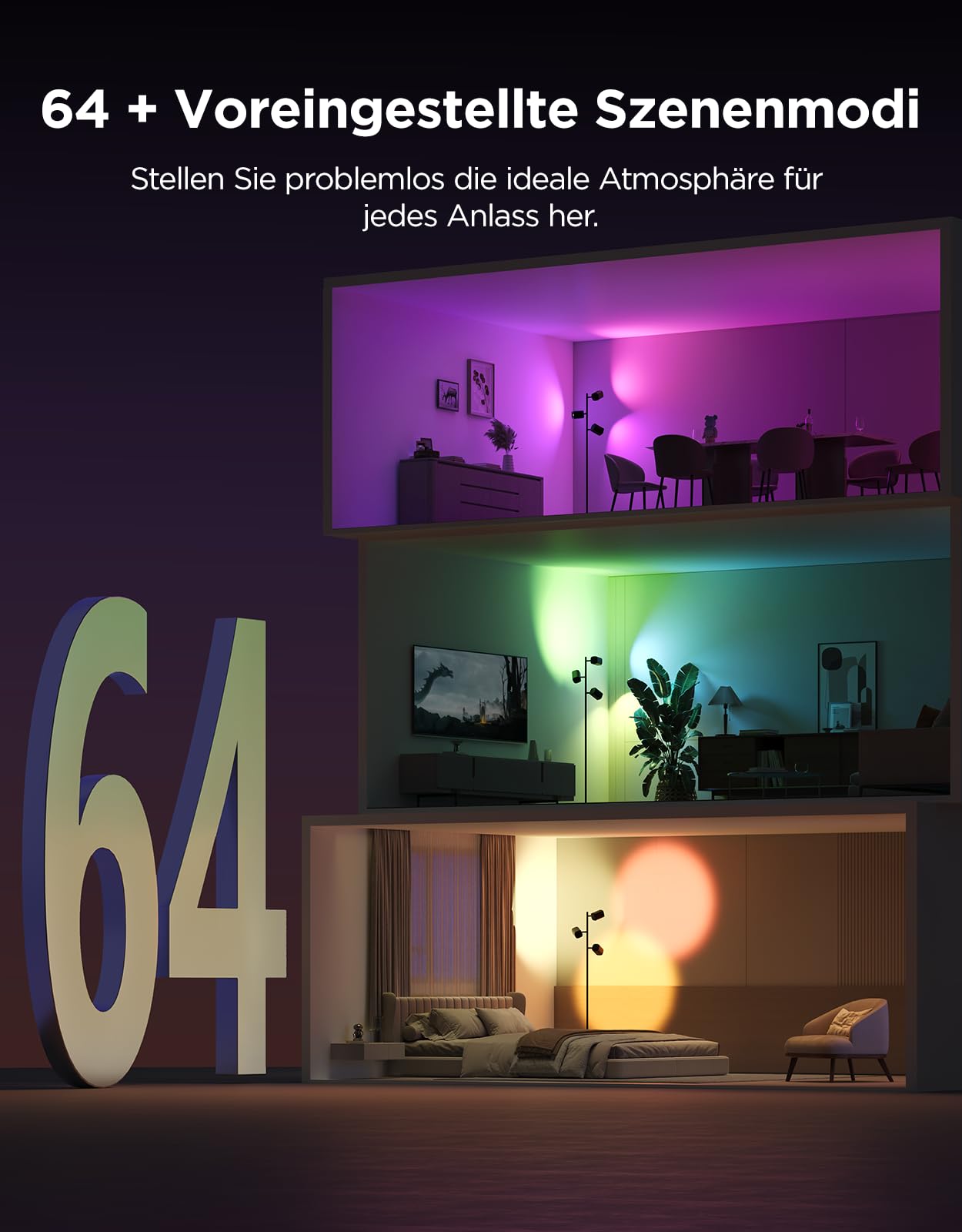 RGBWW LED Stehlampe 1500lm dimmbar – Smart Stehleuchte mit Alexa, Musik Sync für Wohnzimmer