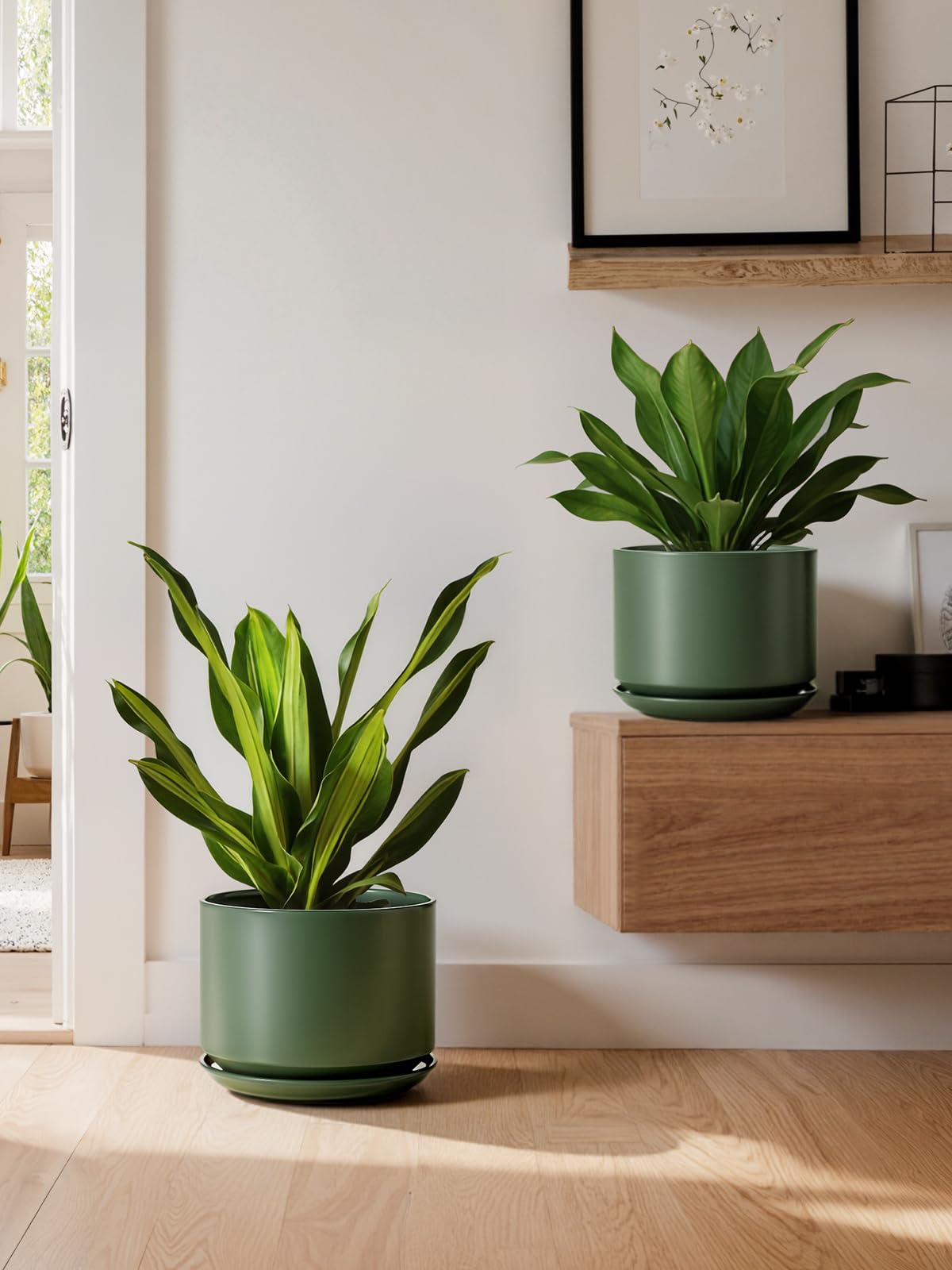 LE TAUCI Keramik Blumentopf 20cm mit Untersetzer – Grün, Zimmerpflanzen