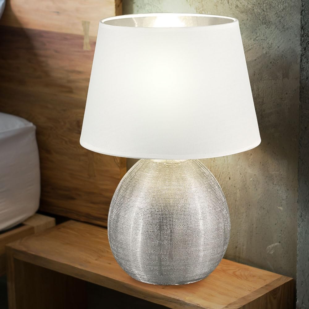 Reality Leuchten Luxor Tischlampe – Keramikfuß Silber, weißer Stoffschirm, E27