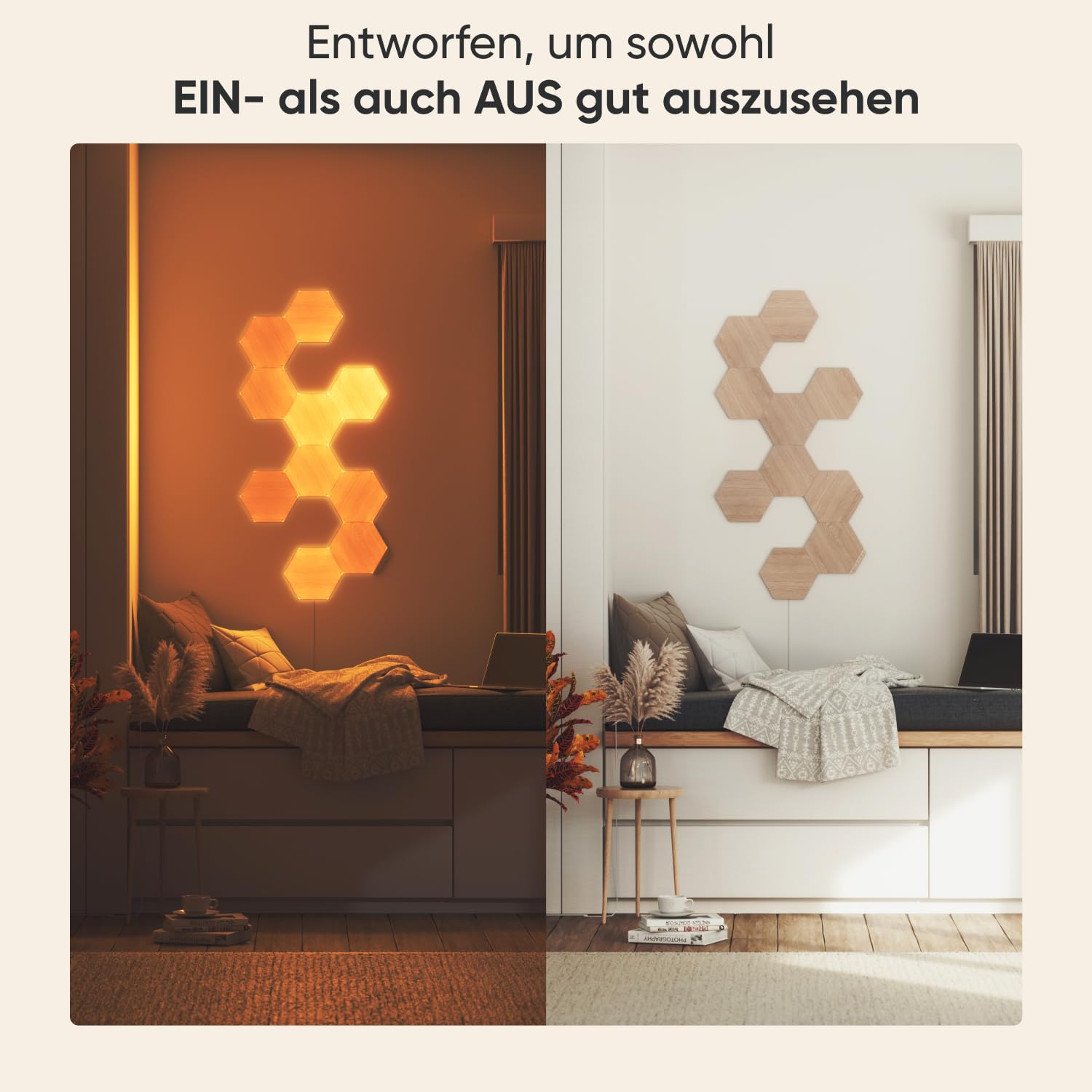 Nanoleaf Elements Hexagon Erweiterungspack – 3 smarte Holzoptik LED-Panels für Wandbeleuchtung