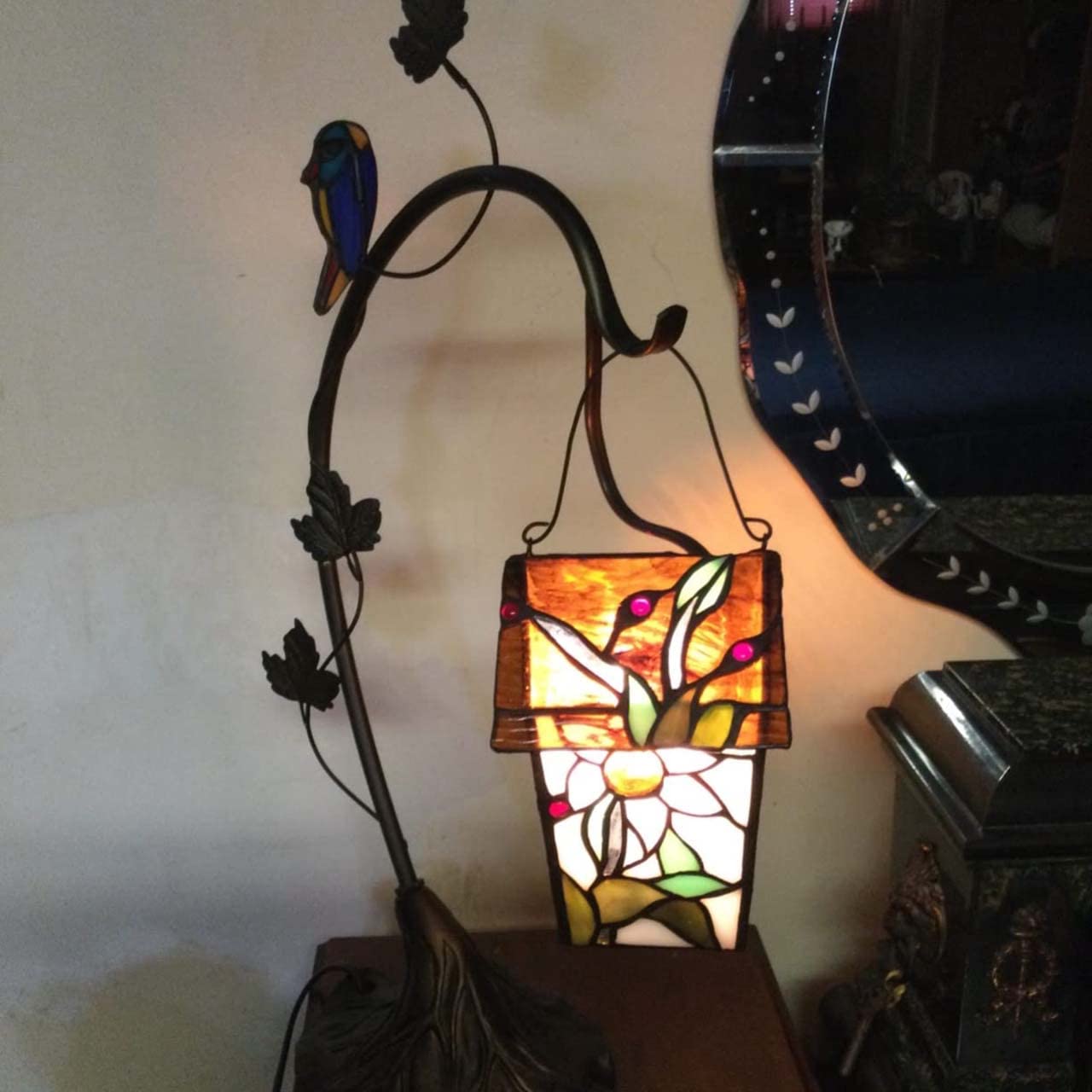 Bieye L30617 Tiffany Tischlampe mit Vogelhaus – Handgefertigte Buntglas Designerleuchte