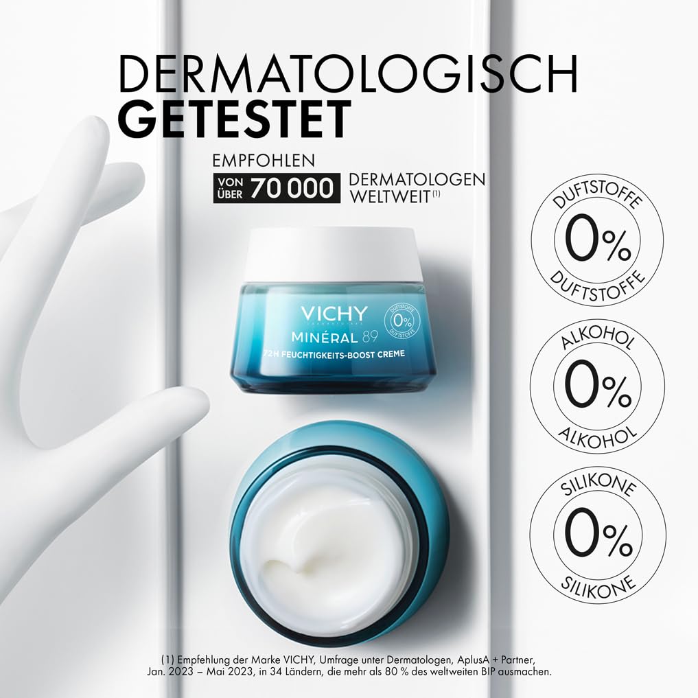 VICHY Minéral 89 Boost Creme – Feuchtigkeitspflege für normale Haut, 72h Hydration, mit Hyaluron & Mineralien, 50 ml
