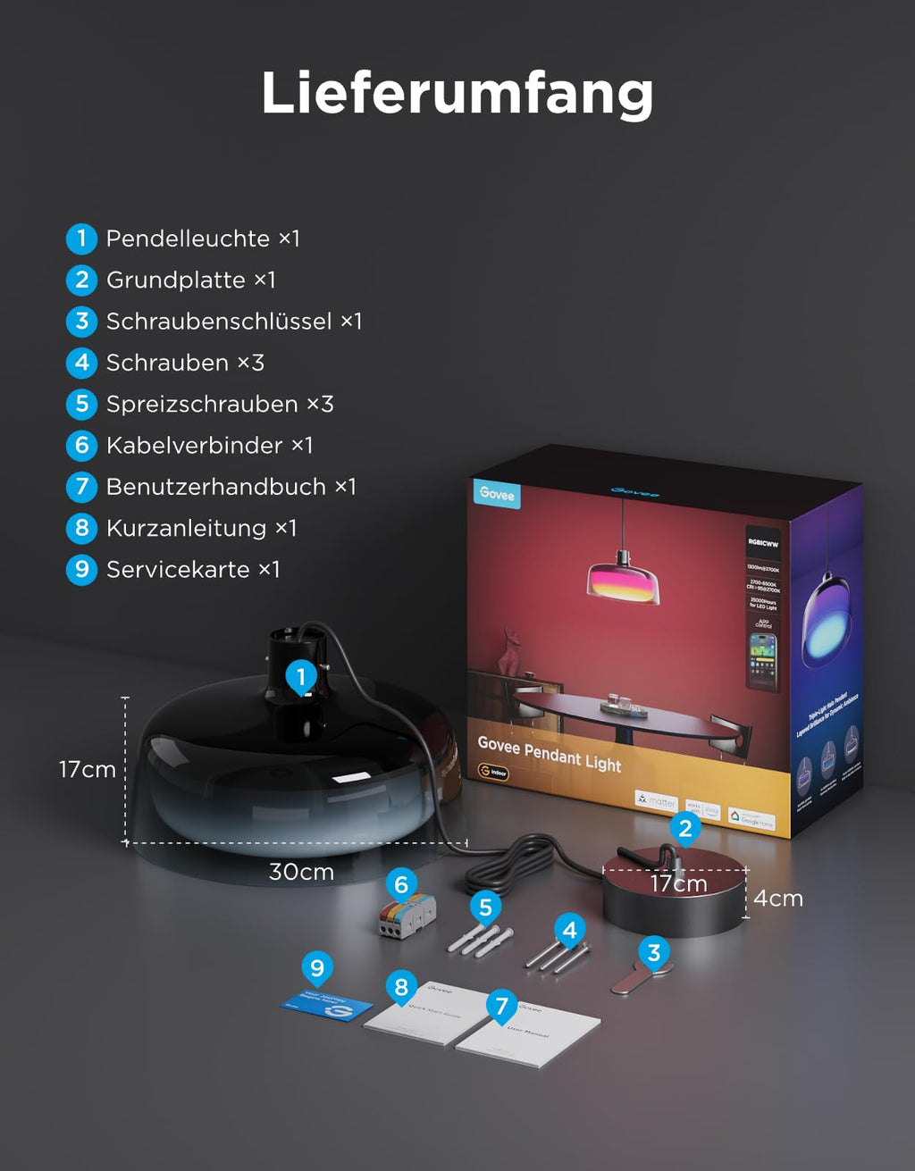 Smart RGBIC Pendelleuchte dimmbar – Moderne LED Hängelampe mit Weißlicht für Esstisch & Küche