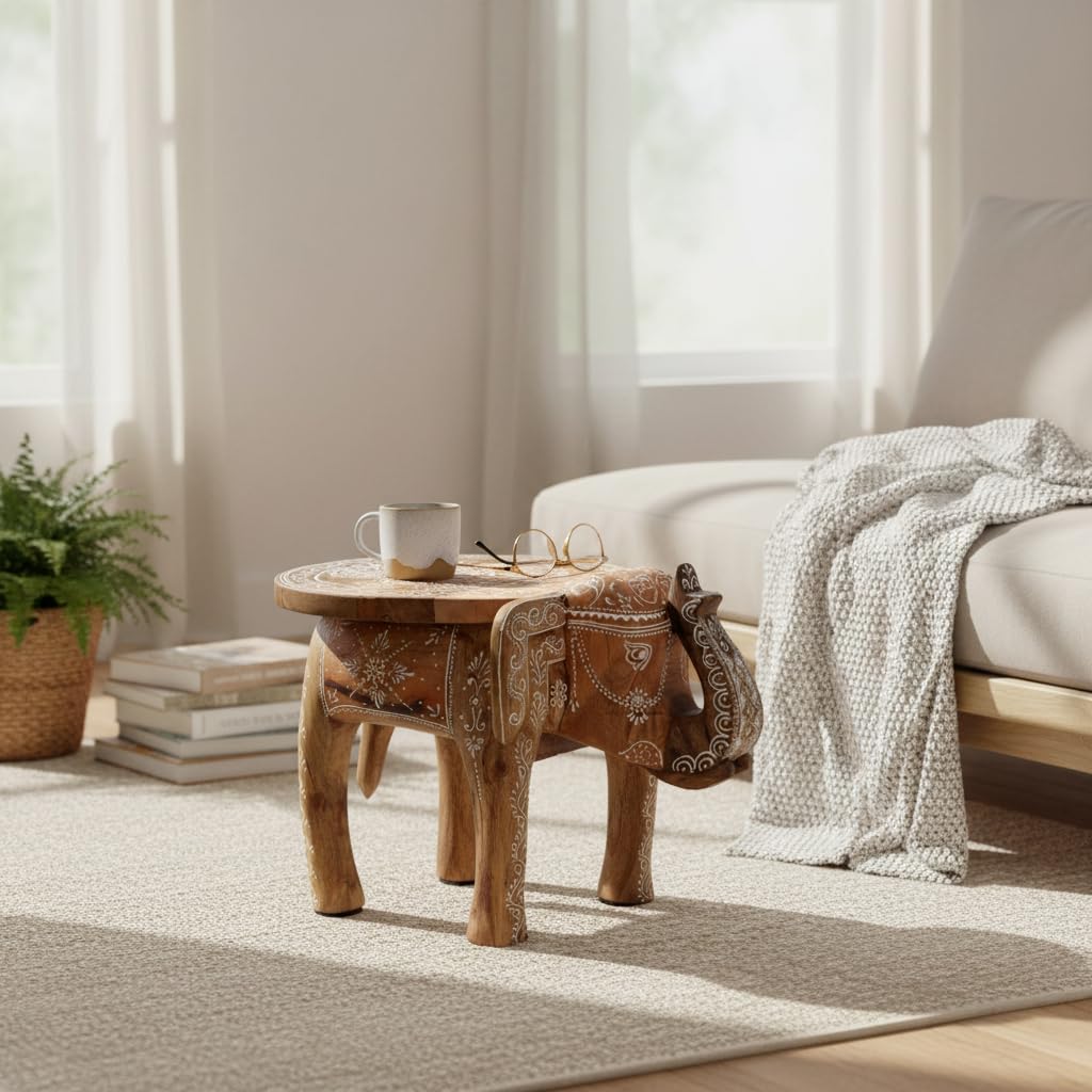 Gall&amp;Zick Elefanten Hocker aus Mangoholz – handbemalt, Mandala, Braun