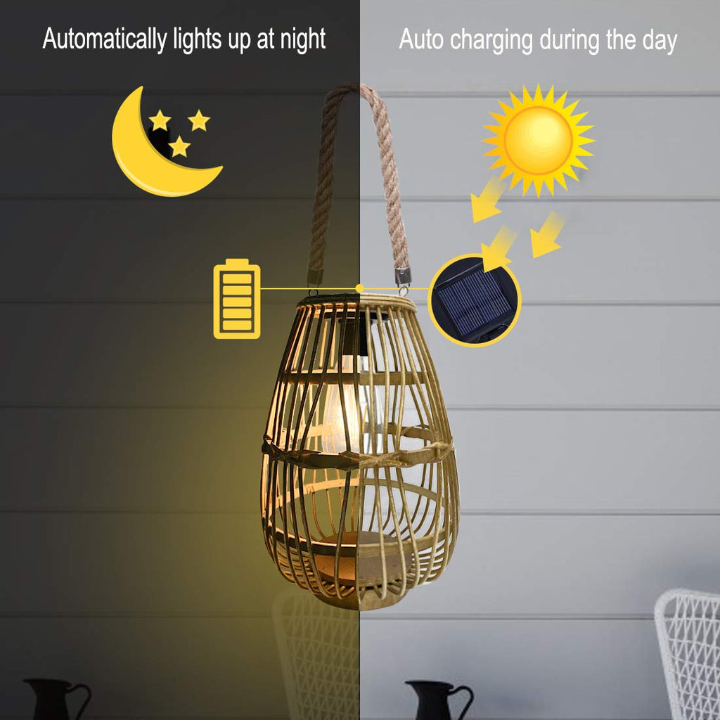 Rattan Solarlaterne Hängend – Naturdeko, Warmweiß, Sensor Auto ein/aus, Garten & Tisch