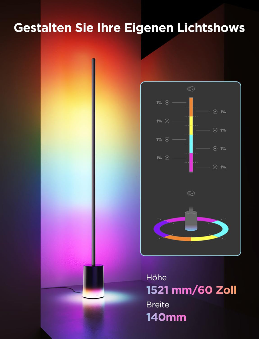 RGBIC LED Stehlampe 1725lm dimmbar – Smart Stehleuchte mit Matter & Musikmodus für Wohnzimmer