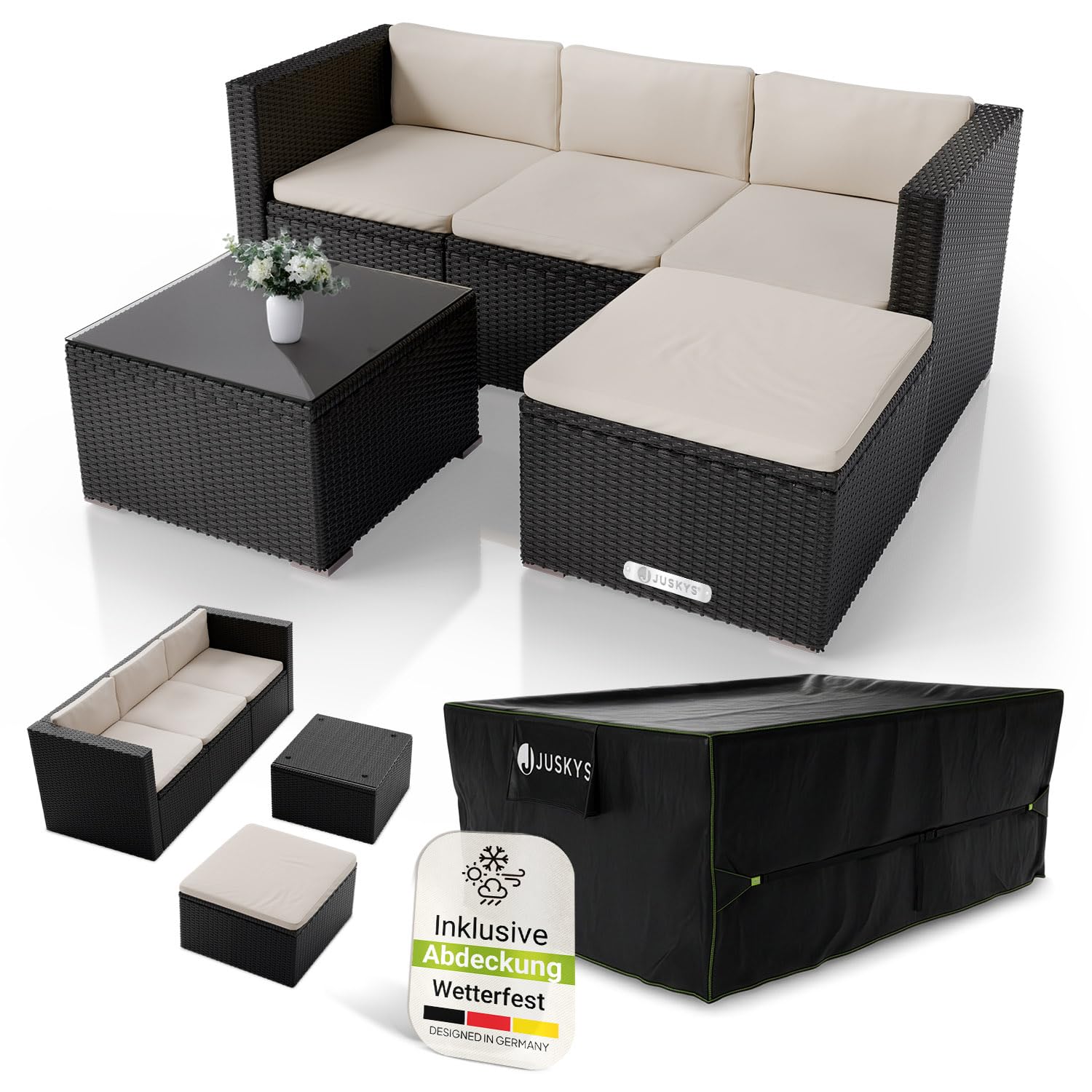 Polyrattan Lounge Set mit Abdeckung für Balkon & Garten – Komfort für 3–4 Personen