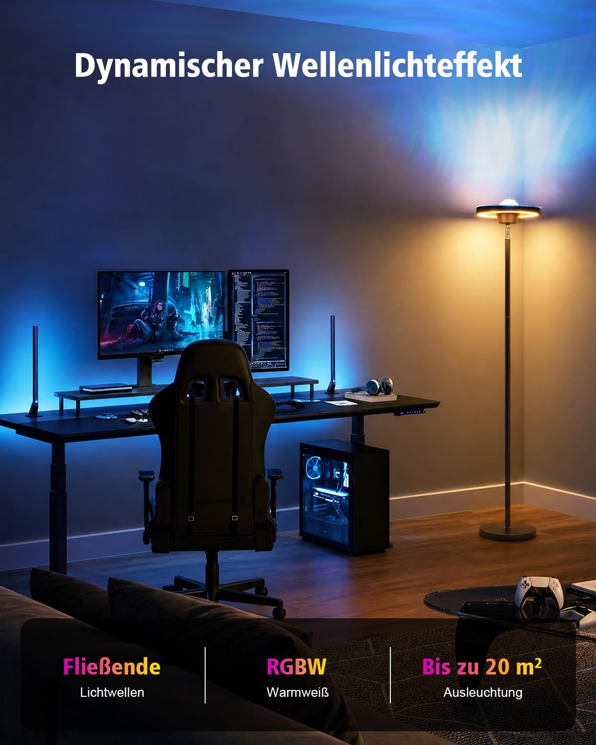 GOOSKI 3-in-1 LED Stehlampe | Deckenfluter mit Wasserwellen & RGBIC