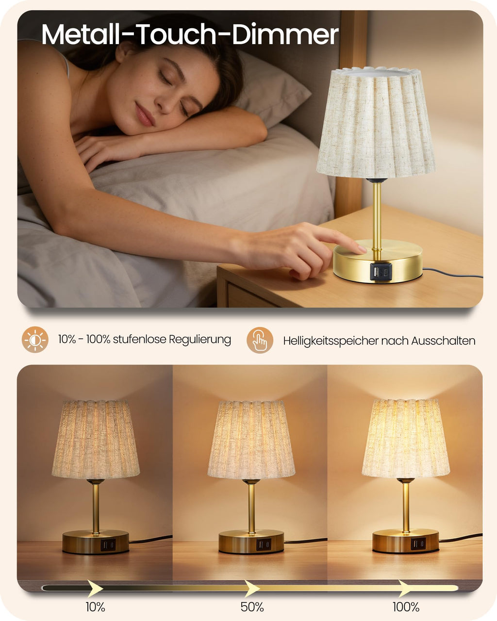Moderne LED Tischlampe Touch-Dimmbar mit USB A+C – Stoffschirm Beige-Gold Warmweiß