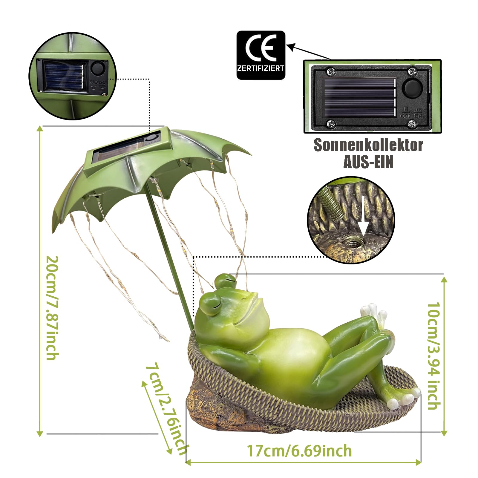 Solar Frosch Gartendeko mit Schirm Figur wasserdicht LED Garten Geschenk