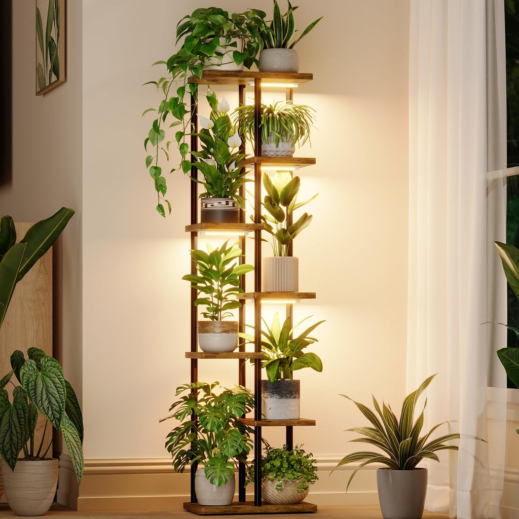 Eck-Pflanzenregal mit Pflanzenlampen, 7 Stufen, Holz & Metall – Bamworld
