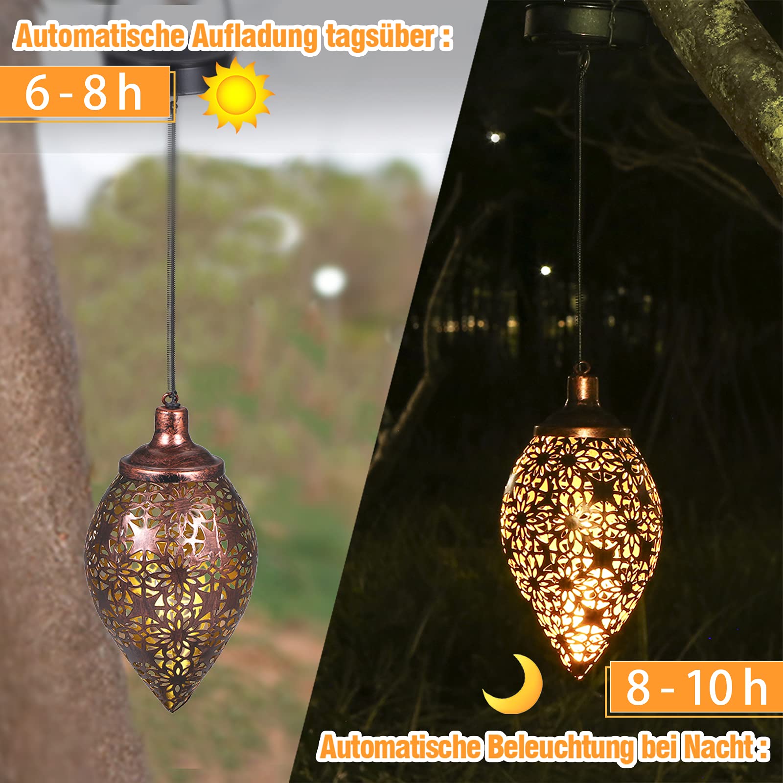Orientalische Solarlaterne Außen 2 Stück – Metall Hängelaterne, warmweiß