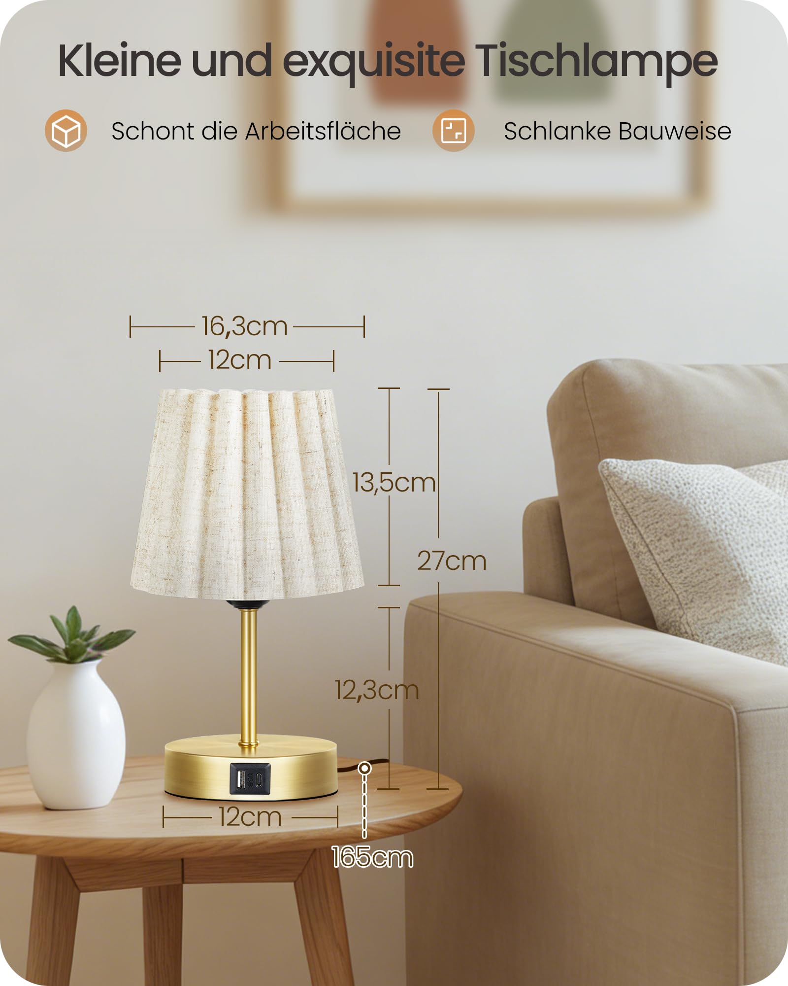 Moderne LED Tischlampe Touch-Dimmbar mit USB A+C – Stoffschirm Beige-Gold Warmweiß