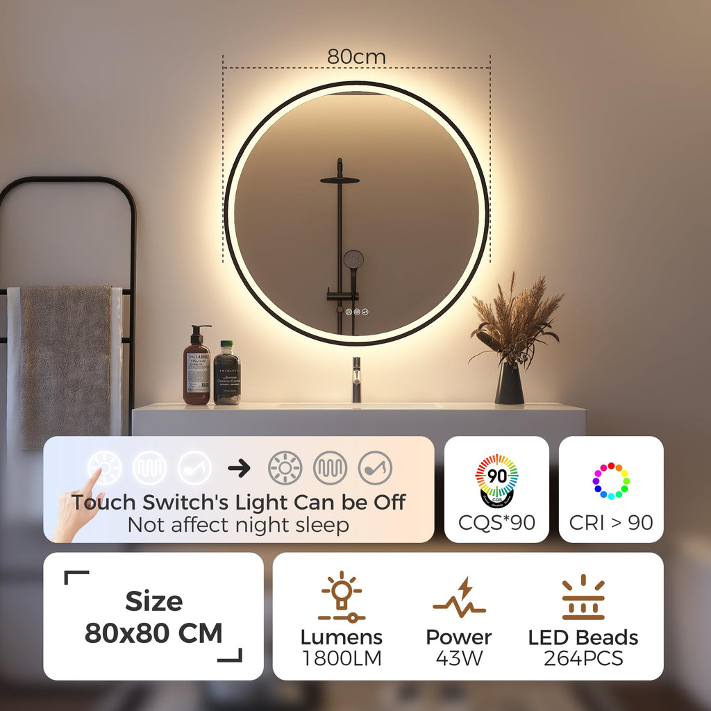 Runder LED Badspiegel 80 cm mit Beleuchtung & Bluetooth – dimmbar mit 3 Lichtfarben