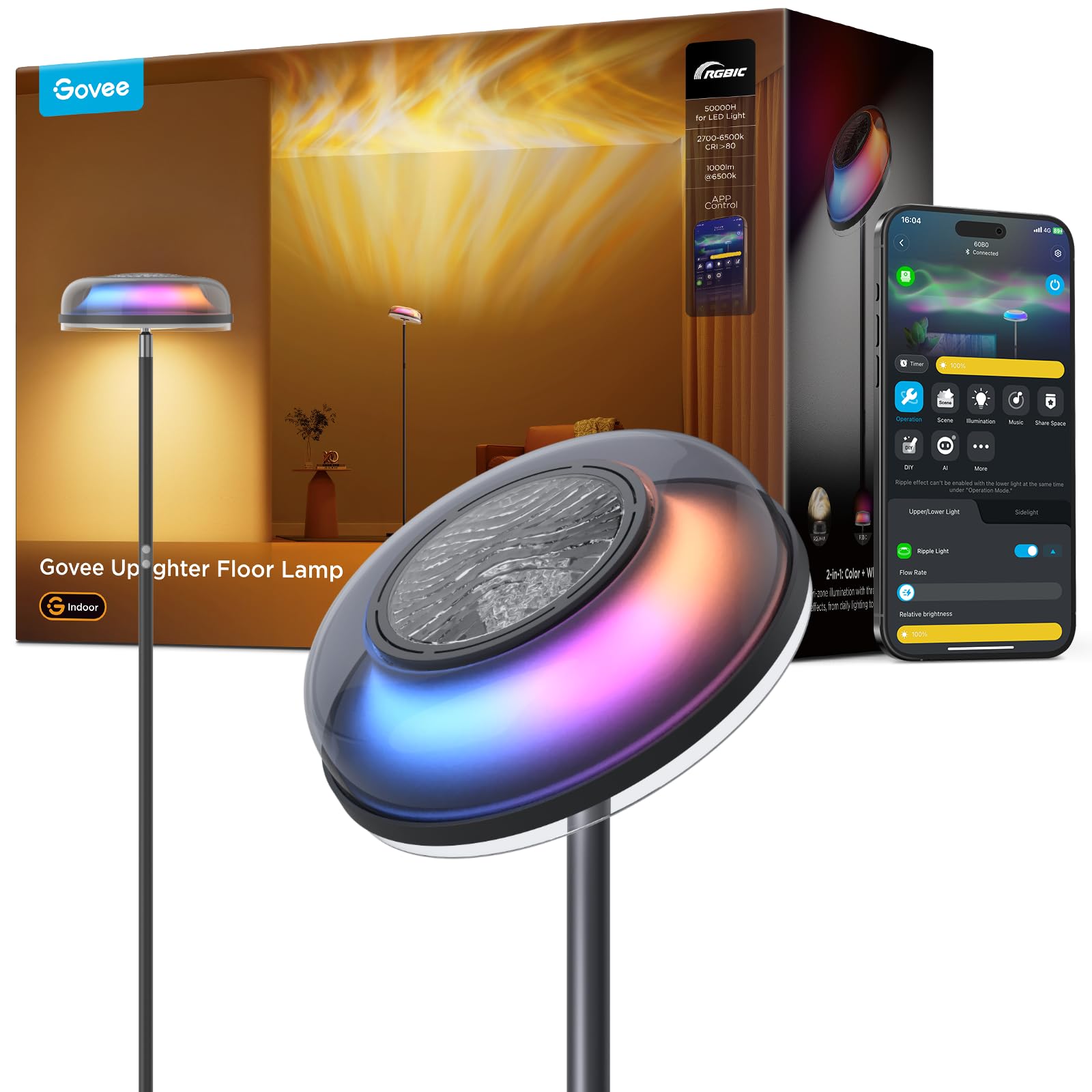 RGBICWW LED Stehlampe Deckenfluter – Smart Wohnzimmerlampe dimmbar mit Alexa & 80 Szenen
