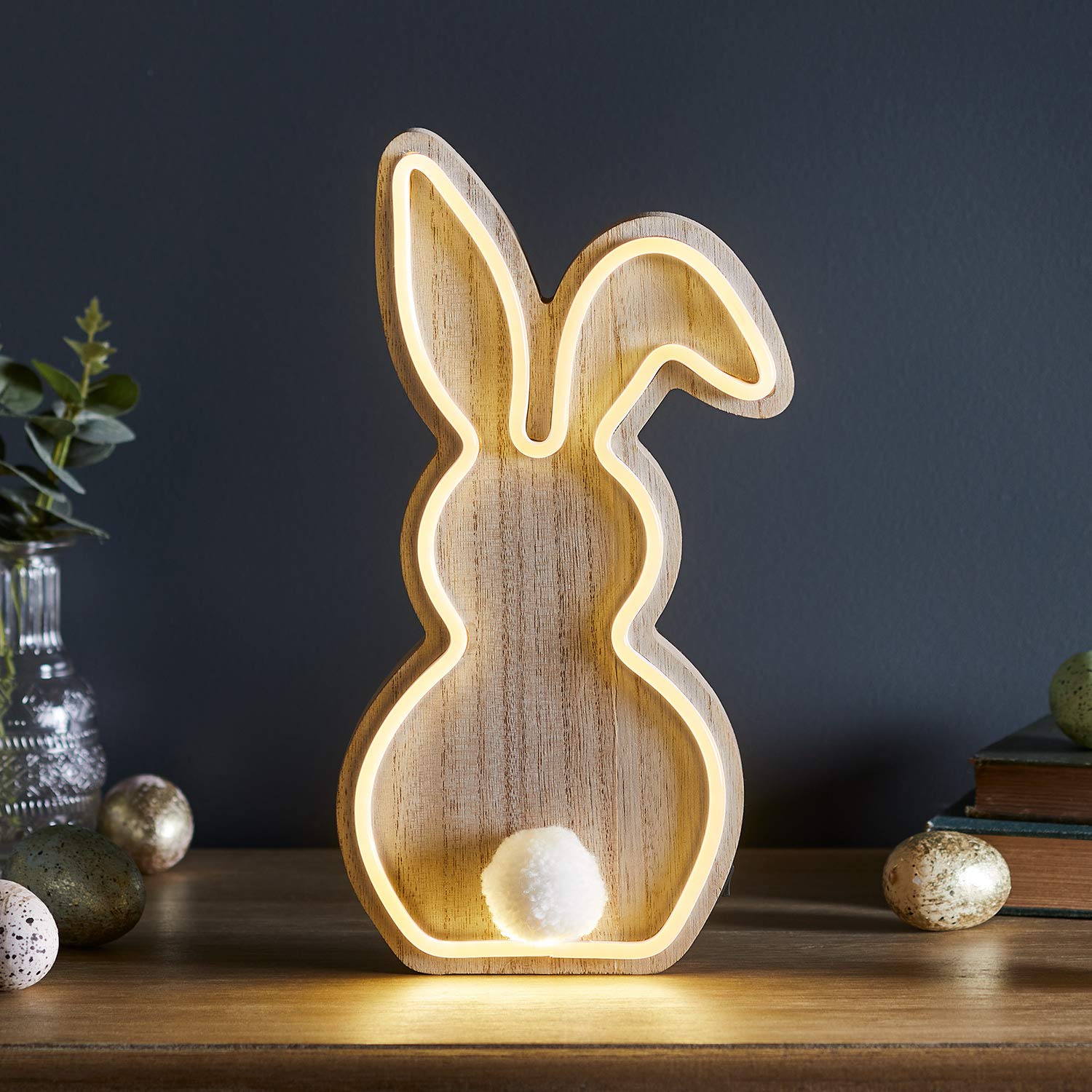 Lights4fun Neon Osterhase LED Dekolampe 30 cm – warme LED Osterdeko Fensterbeleuchtung