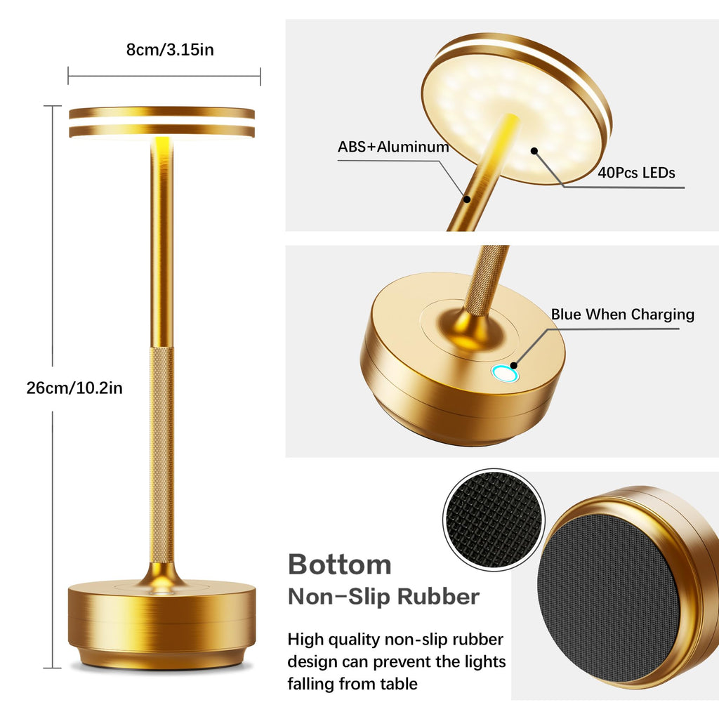 Hapfish LED Tischlampe Kabellos – Akku 5000mAh Touch Tischleuchte Dimmbar Gold