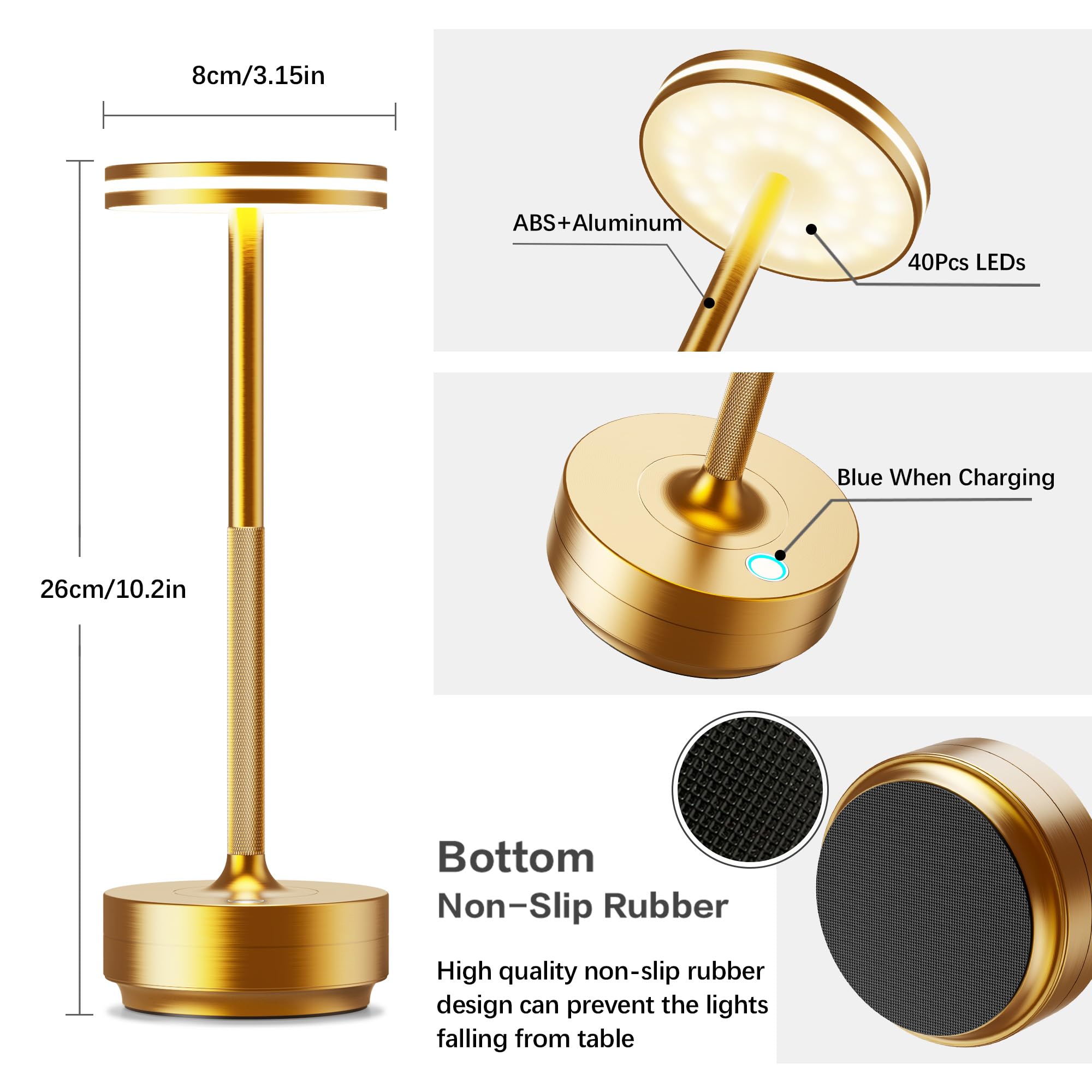 Hapfish LED Tischlampe Kabellos – Akku 5000mAh Touch Tischleuchte Dimmbar Gold