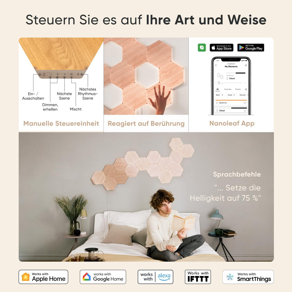 Nanoleaf Elements Hexagon Erweiterungspack – 3 smarte Holzoptik LED-Panels für Wandbeleuchtung