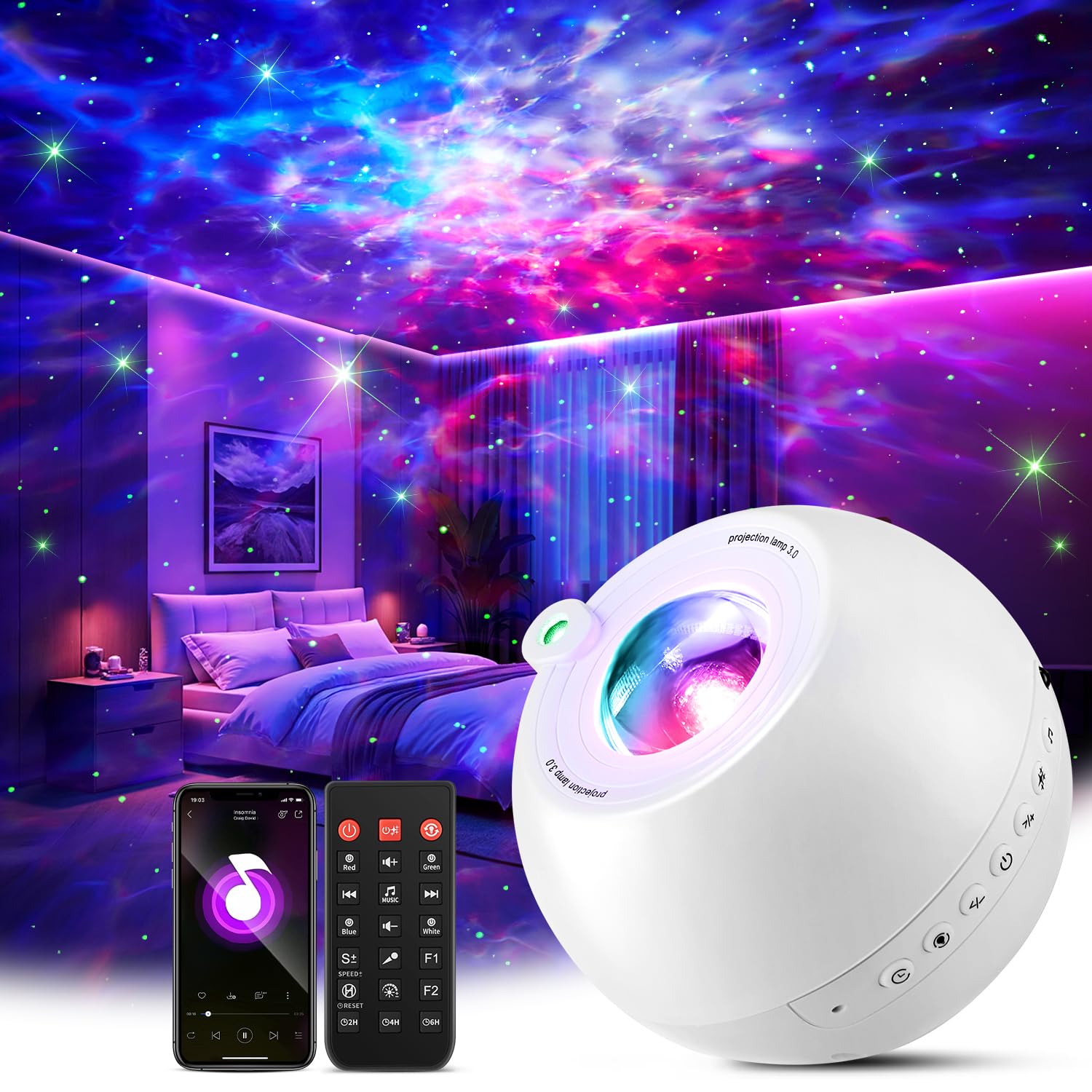 One Fire Sternenhimmel Projektor – LED Galaxy Nachtlicht mit 15 Farben & Einschlafmusik