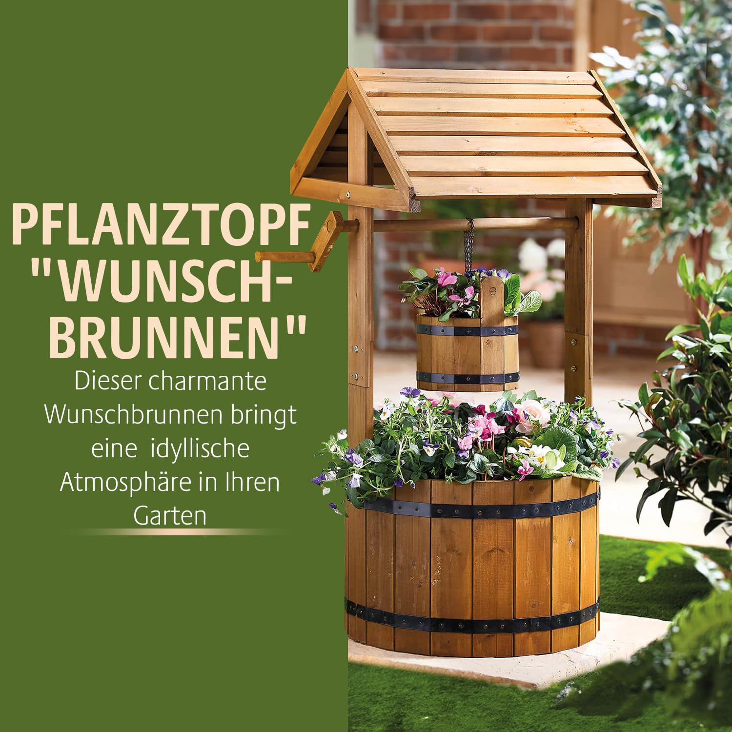 Wunschbrunnen Pflanztopf Holz 🌿 Dekorative Gartendeko für Balkon & Terrasse