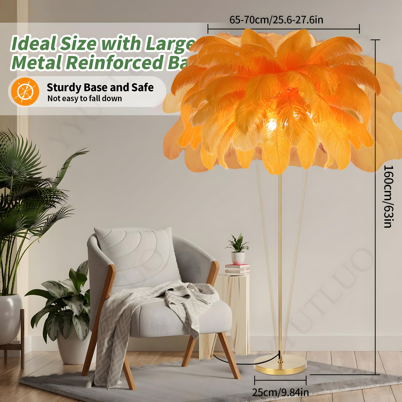 YYUTLUO Federlampe Stehlampe Orange | Straußenfedern & Gold LED