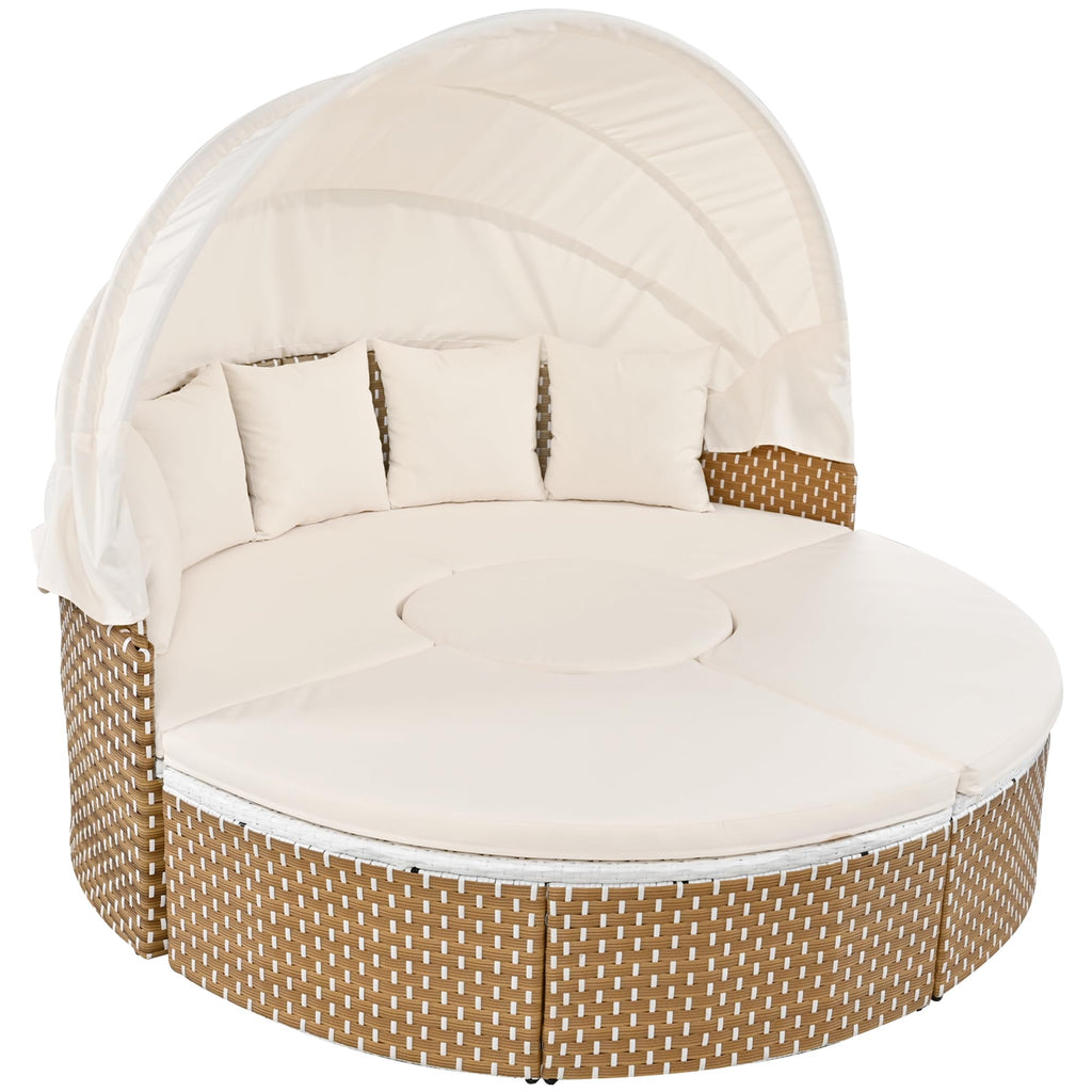 Polyrattan Sonneninsel Lounge Set mit Baldachin &amp; Kissen – Beige