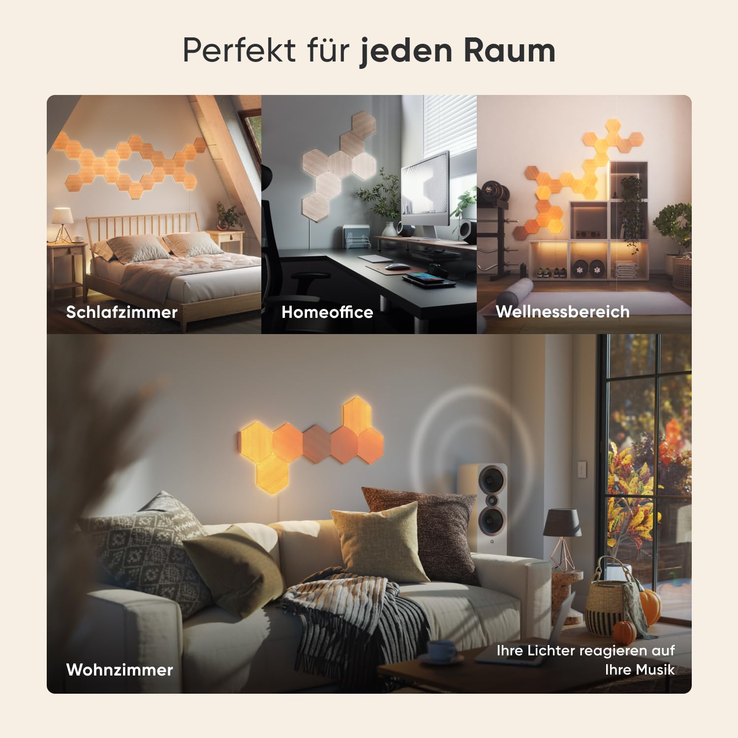 Nanoleaf Elements Hexagon Erweiterungspack – 3 smarte Holzoptik LED-Panels für Wandbeleuchtung