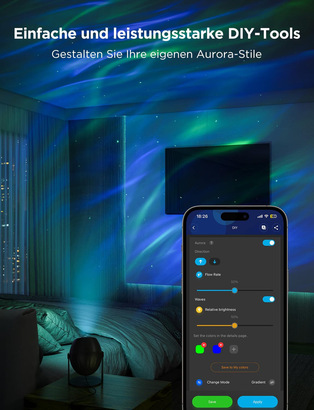 RGBW Sternenhimmel Projektor mit Alexa – Aurora Galaxy Lampe mit 52 Szenen für Schlafzimmer
