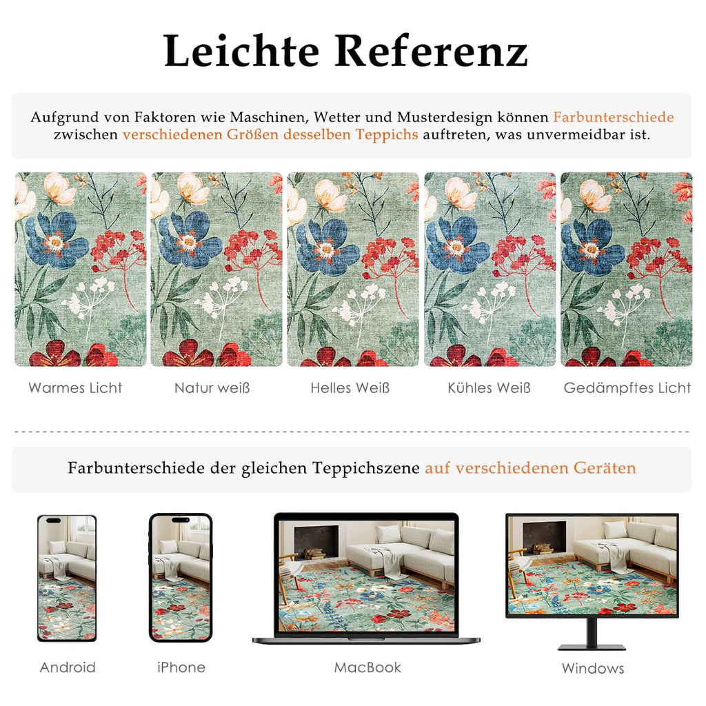Boho Teppich 200×300 cm Grün – waschbarer rutschfester Wohnzimmer Teppich mit Blumenmuster