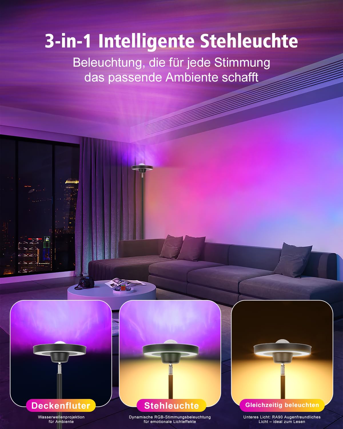 GOOSKI 3-in-1 LED Stehlampe | Deckenfluter mit Wasserwellen & RGBIC