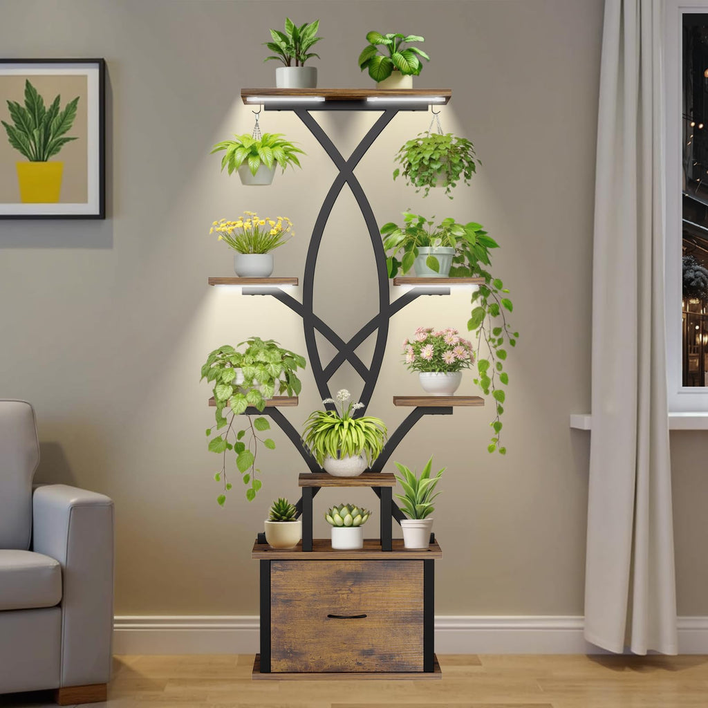 Pflanzenständer mit Grow Light, 165 cm, 8 Ebenen, Schublade & Haken – Metall
