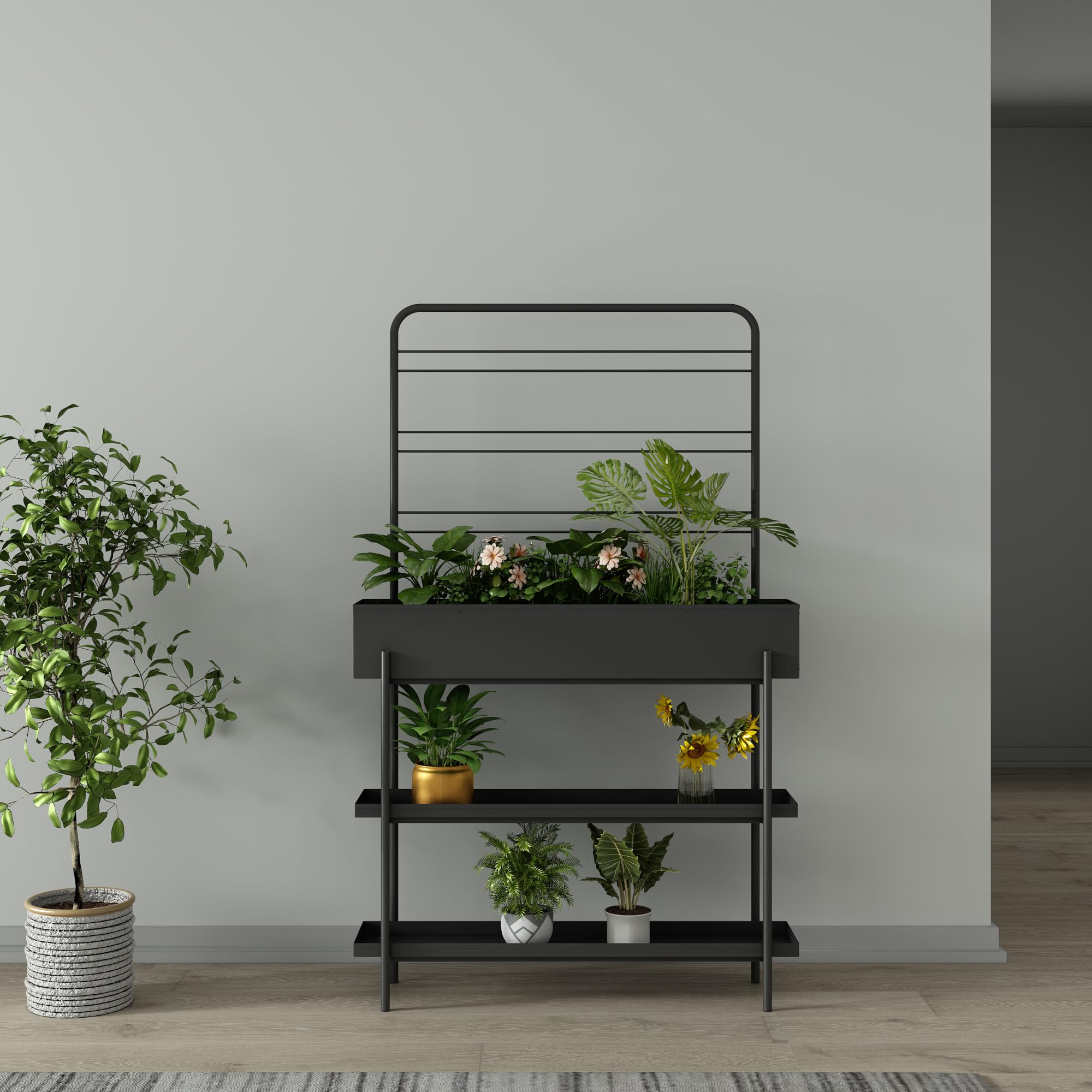 Metall-Pflanzenregal Outdoor & Indoor mit Blumenkasten & Ablagen – Schwarz