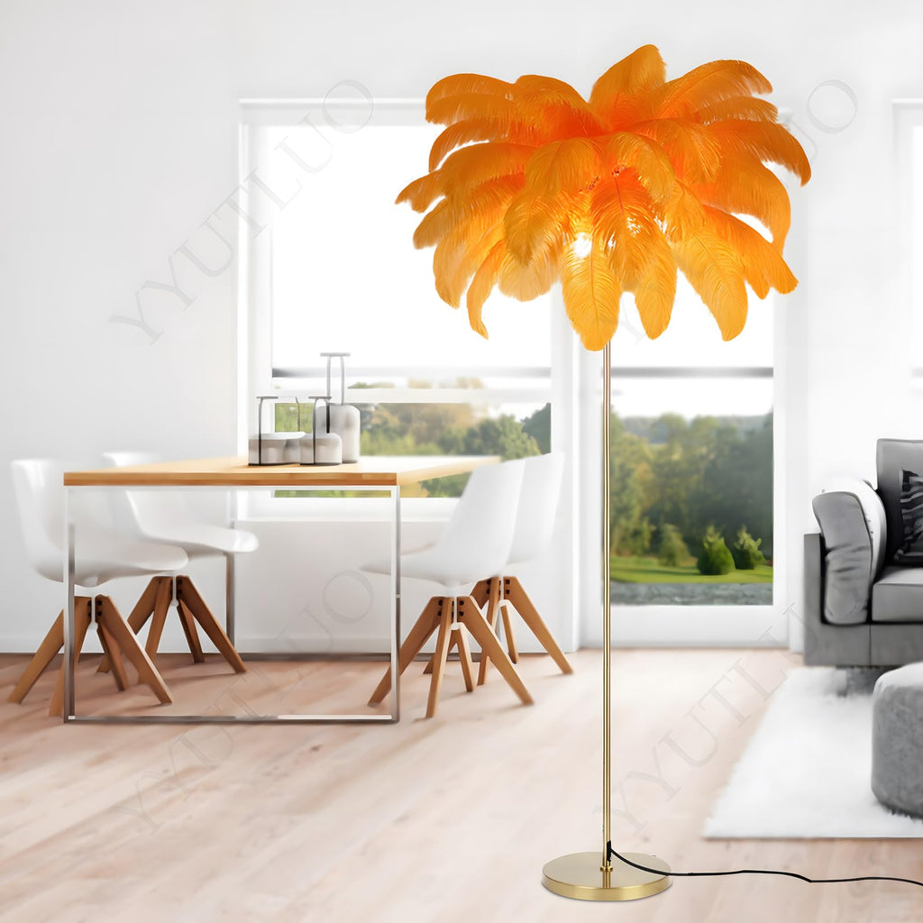 YYUTLUO Federlampe Stehlampe Orange | Straußenfedern & Gold LED