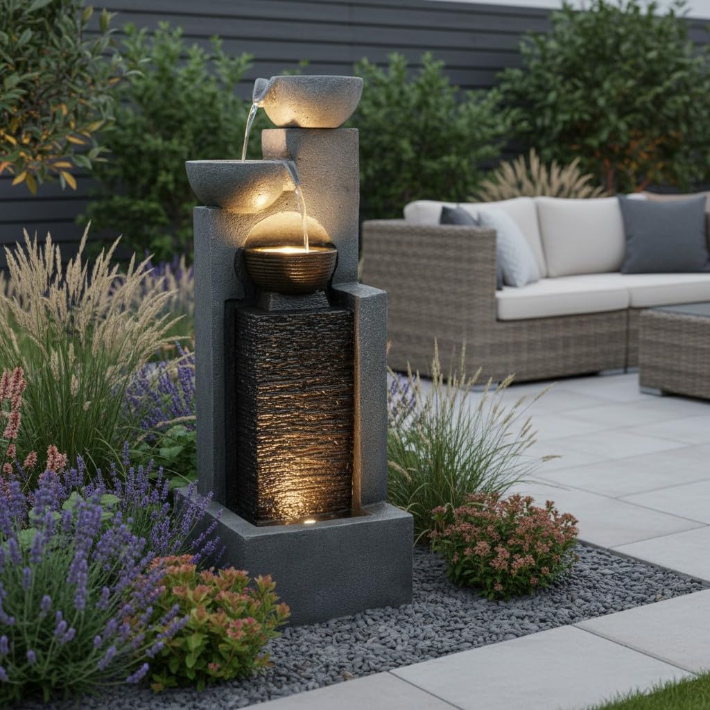 Gartenbrunnen 109 cm LED Wasserfall & Kaskadenwand – Springbrunnen Steinoptik