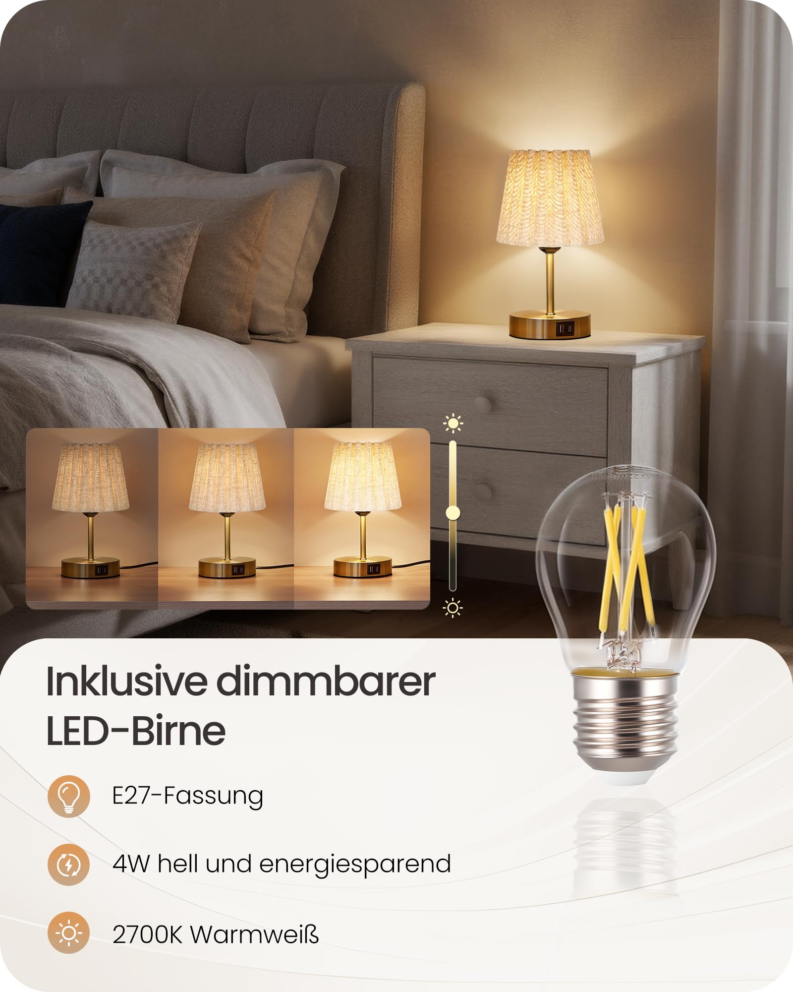 Moderne LED Tischlampe Touch-Dimmbar mit USB A+C – Stoffschirm Beige-Gold Warmweiß