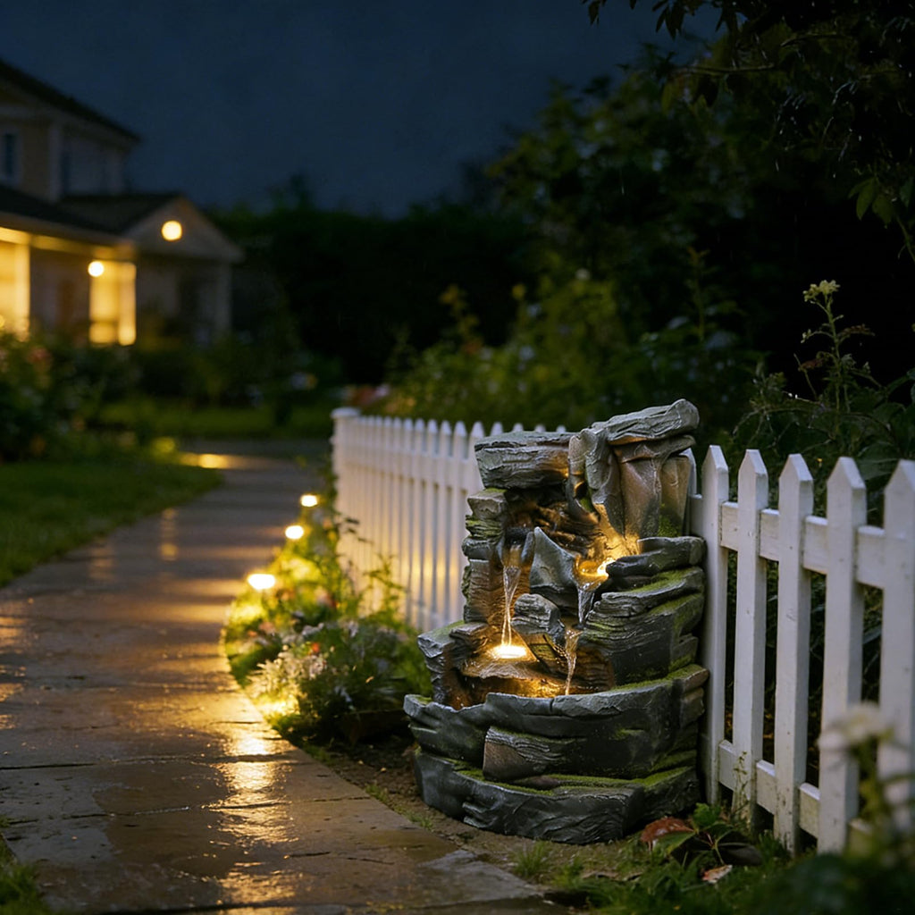 Gartenbrunnen 5-stufig mit LED – Wasserfall Naturstein-Optik, Terrasse & Garten