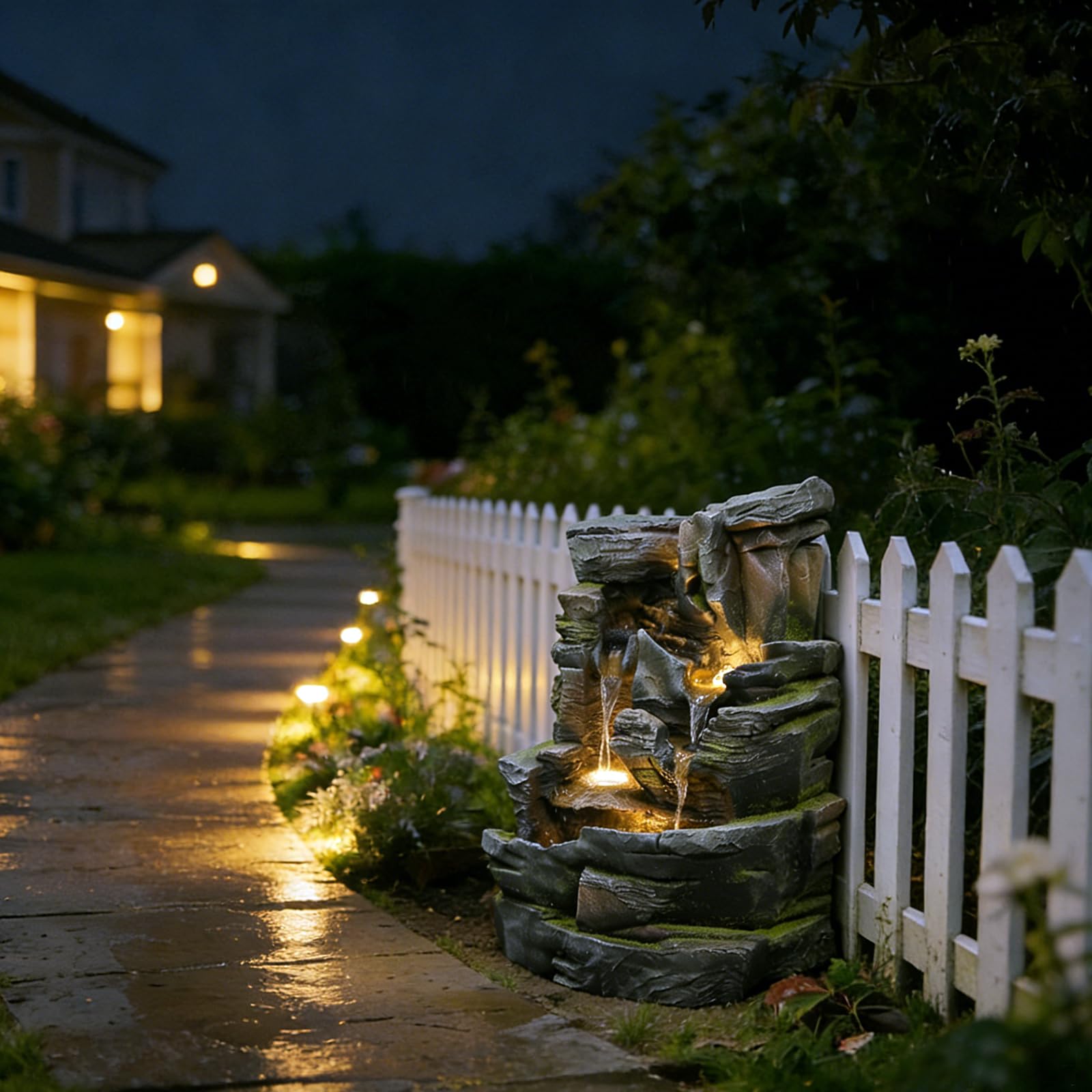 Gartenbrunnen 5-stufig mit LED – Wasserfall Naturstein-Optik, Terrasse & Garten