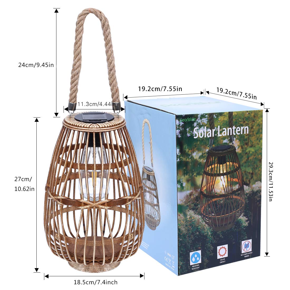 Rattan Solarlaterne Hängend – Naturdeko, Warmweiß, Sensor Auto ein/aus, Garten & Tisch