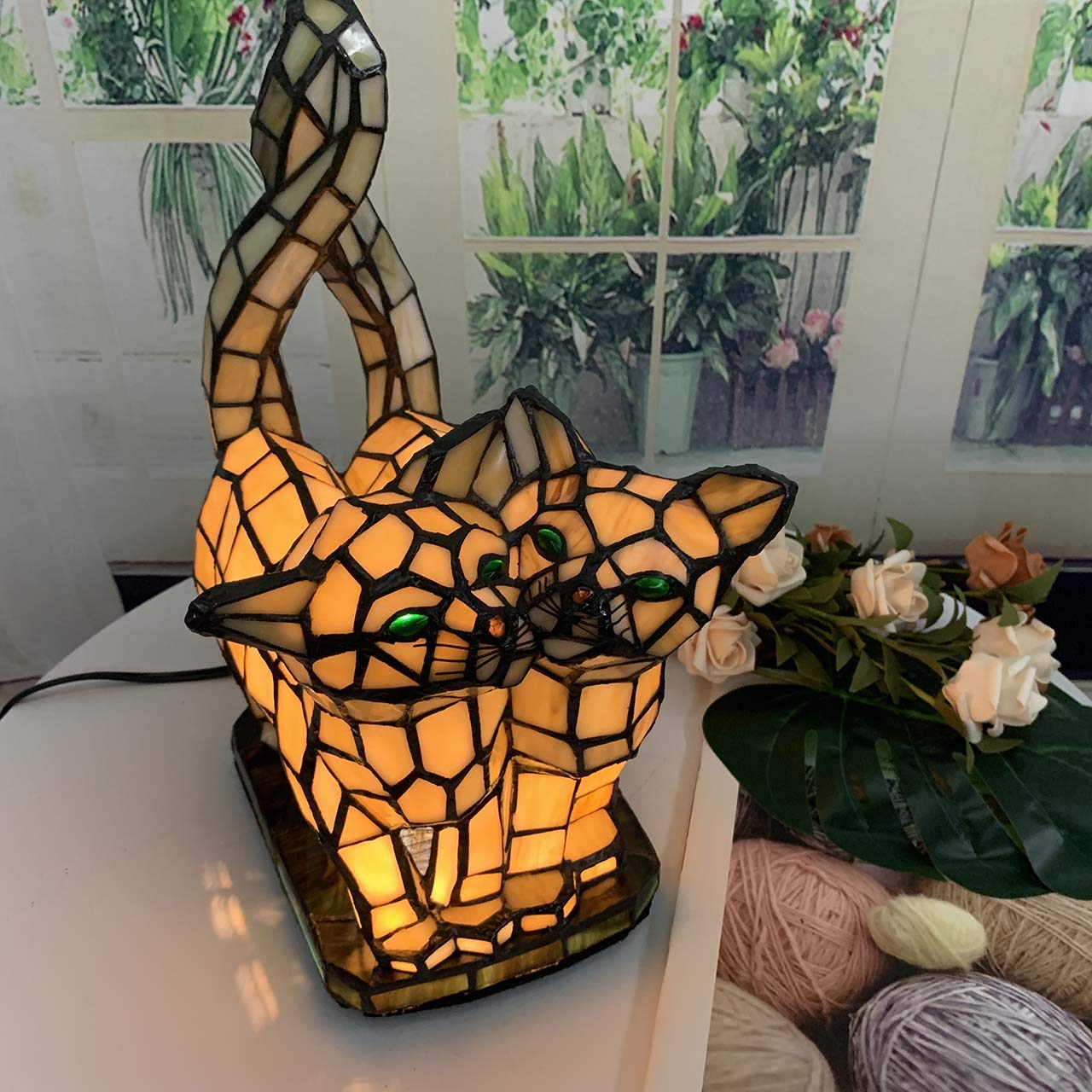 Bieye L30771 Tiffany Katzen Tischlampe aus Buntglas – Handgefertigte Designerleuchte