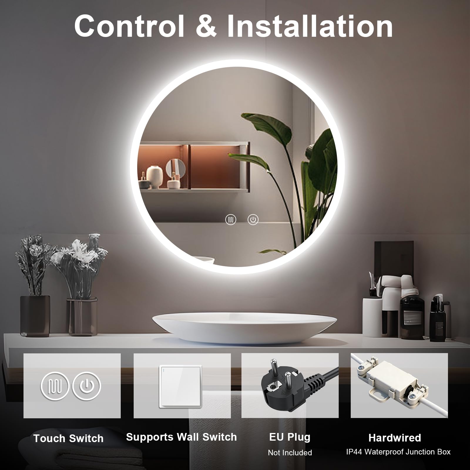 LED Badspiegel rund 60 cm mit Beleuchtung – dimmbar, Antibeschlag & 3 Farbtemperaturen