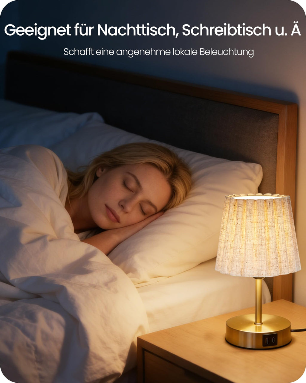 Moderne LED Tischlampe Touch-Dimmbar mit USB A+C – Stoffschirm Beige-Gold Warmweiß
