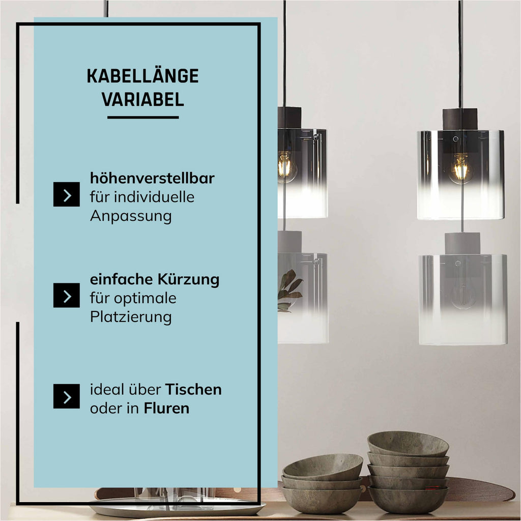 3-flammige Pendelleuchte mit Glas-Schirmen – Hängelampe E27 aus Metall & Rauchglas für Esstisch